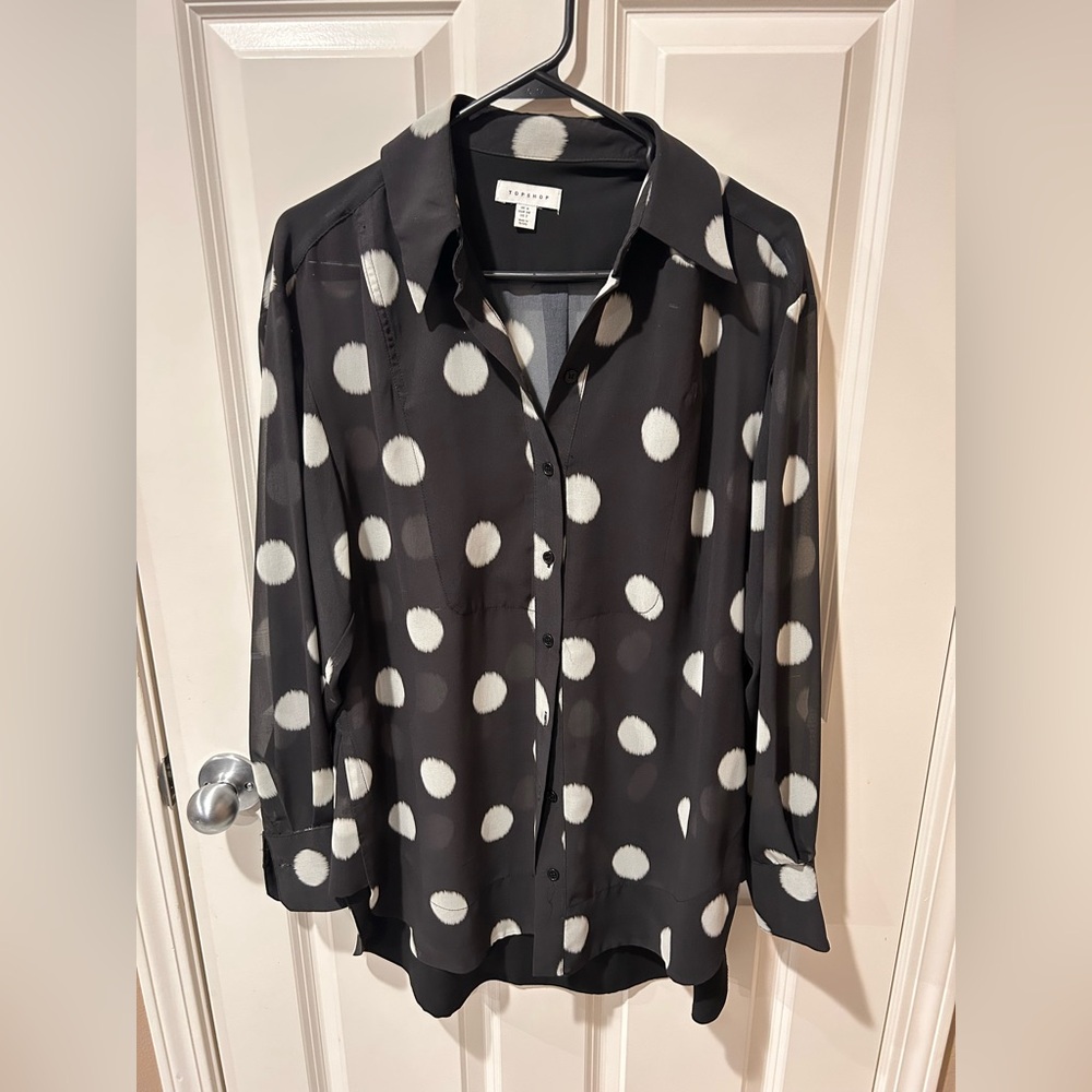 Preloved Topshop Black and White Polka Dot Women's Top
